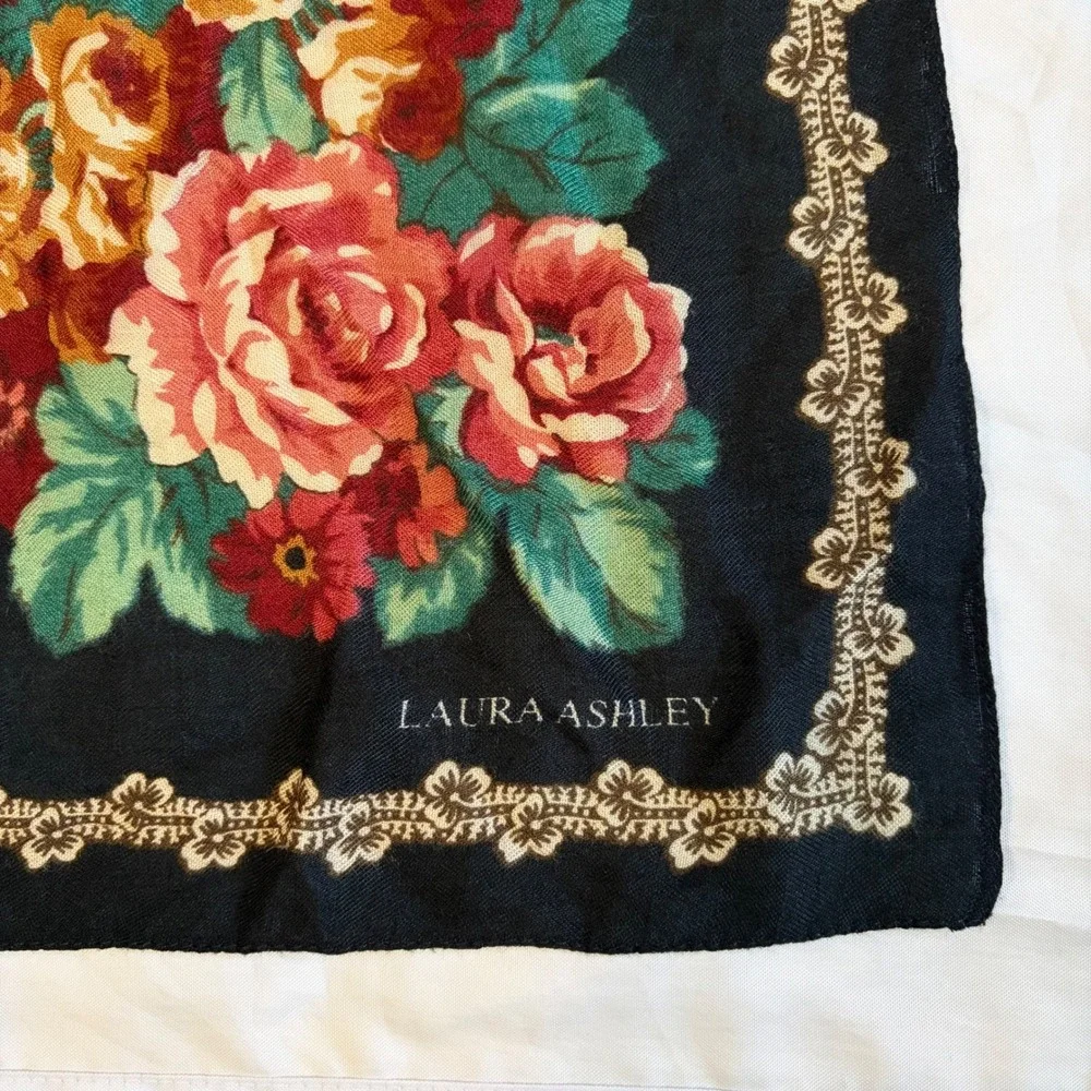 Vintage Laura Ashley‎ Silk Floral Scarf Black Red Rose Square Whimsigoth 32x32